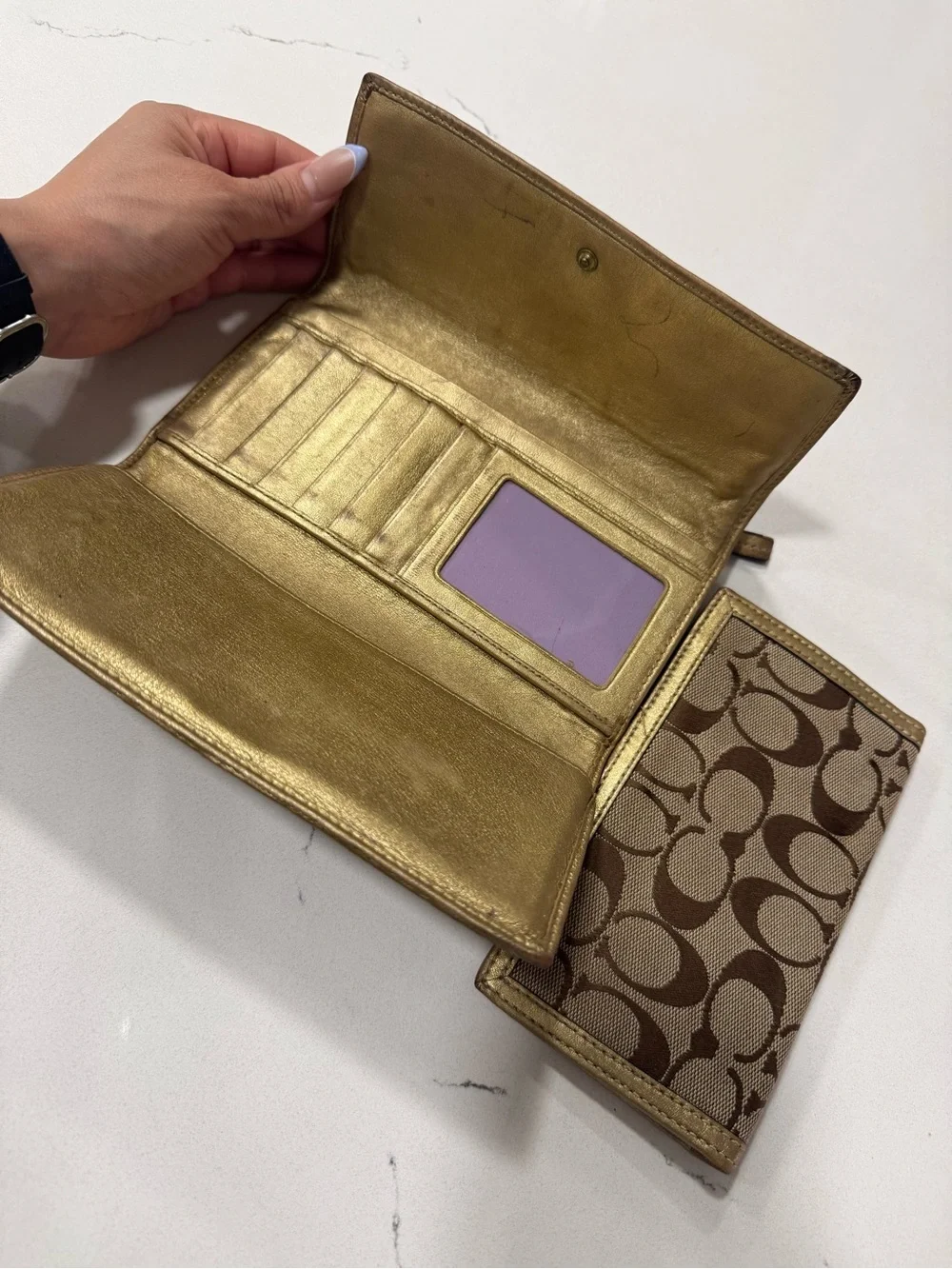 Coach Brown Signature Canvas Wallet with Gold Trim